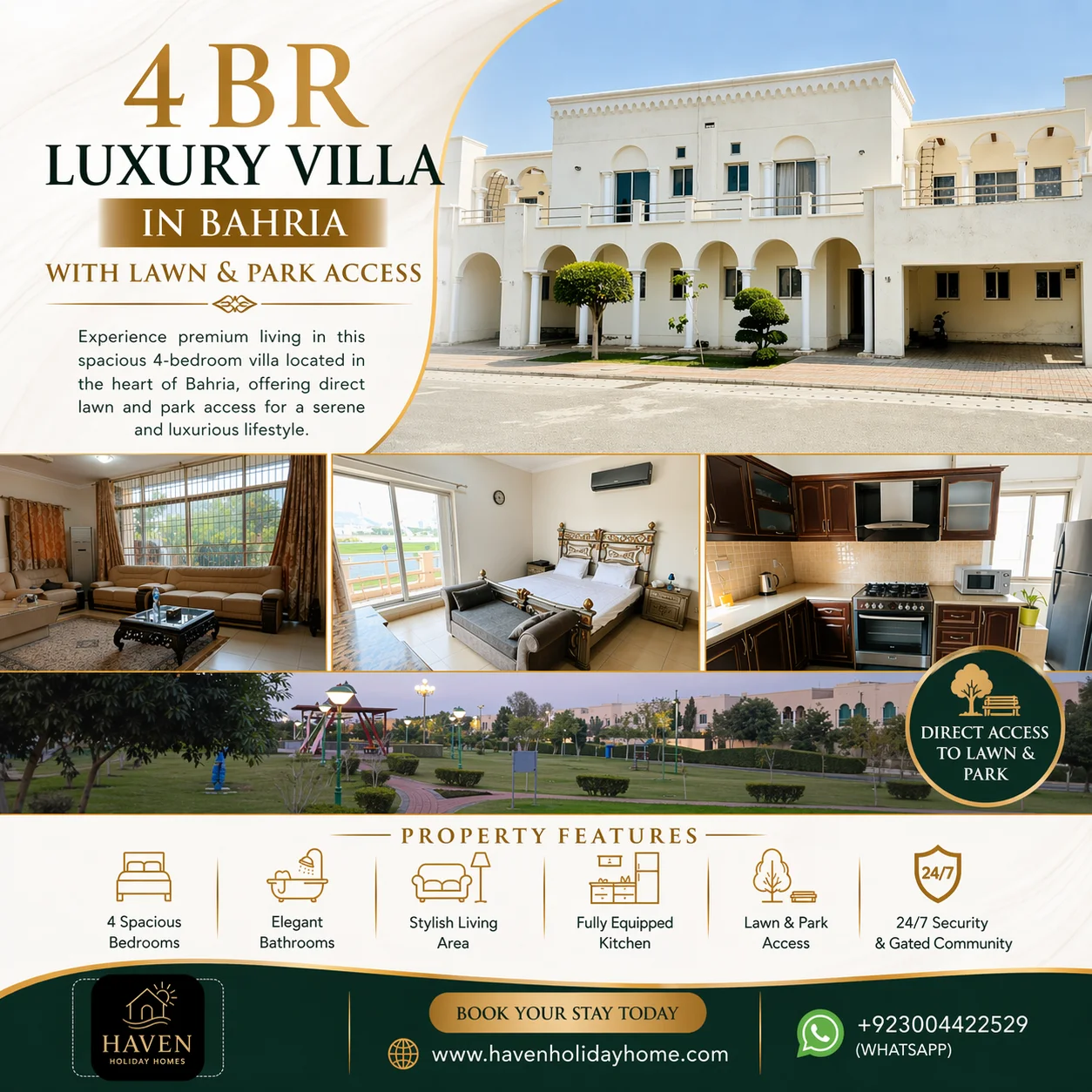 4BR Luxury Villa in Bahria with Lawn & Park Access - Haven Holiday Homes